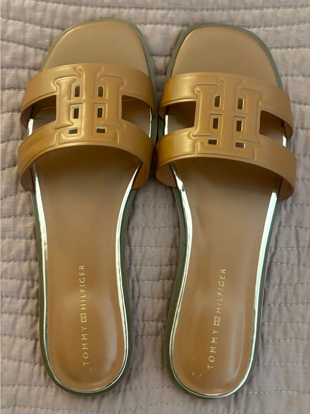 Women's Terenz sandals w/ TH monogram strap and an open, square toe design NWOT